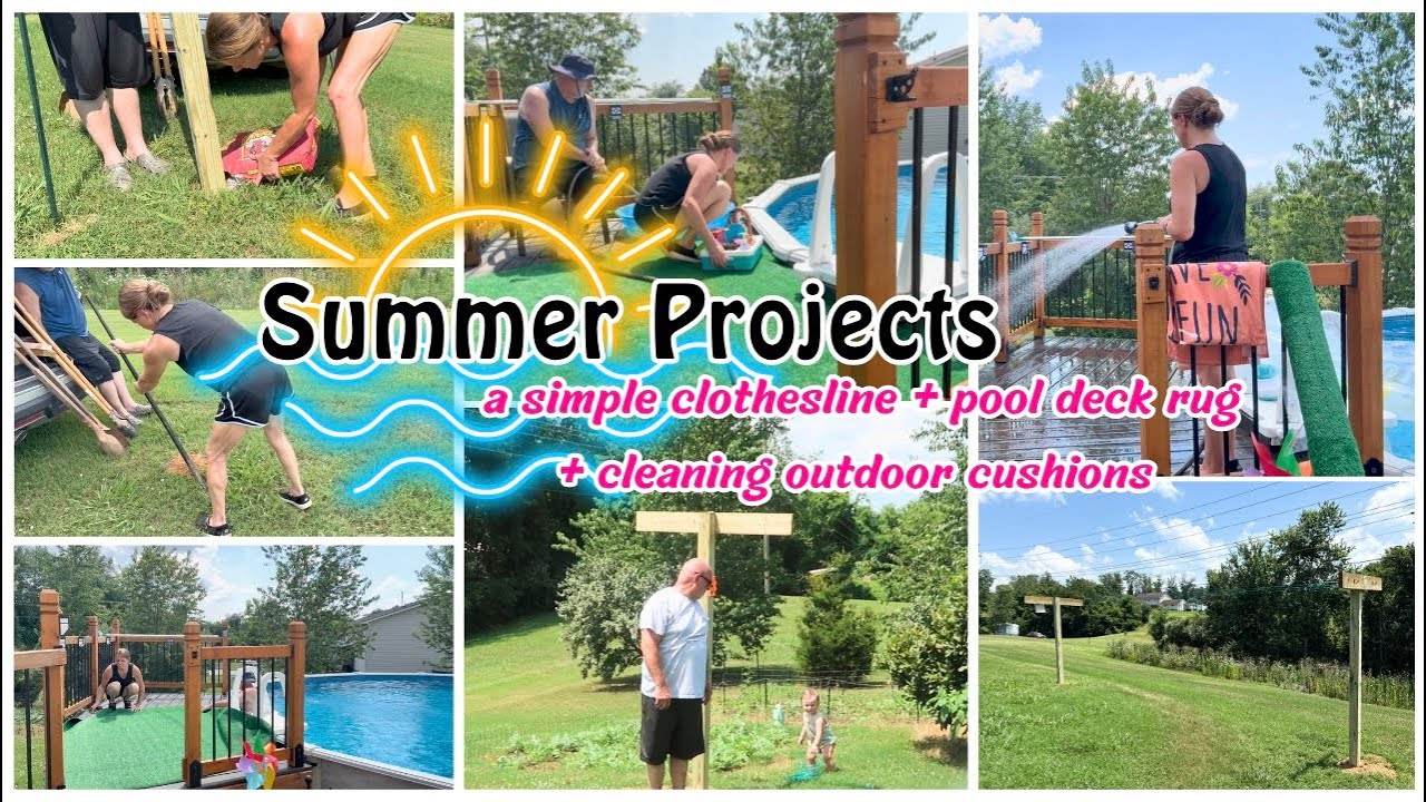 SUMMER PROJECTS - WE BUILT A CLOTHESLINE! NEW POOL DECK RUG + CLEANING PATIO CUSHIONS
