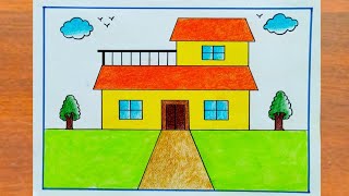 House Drawing \/ How to Draw a Simple House Step By Step Very Easy \/ House Scenery Drawing