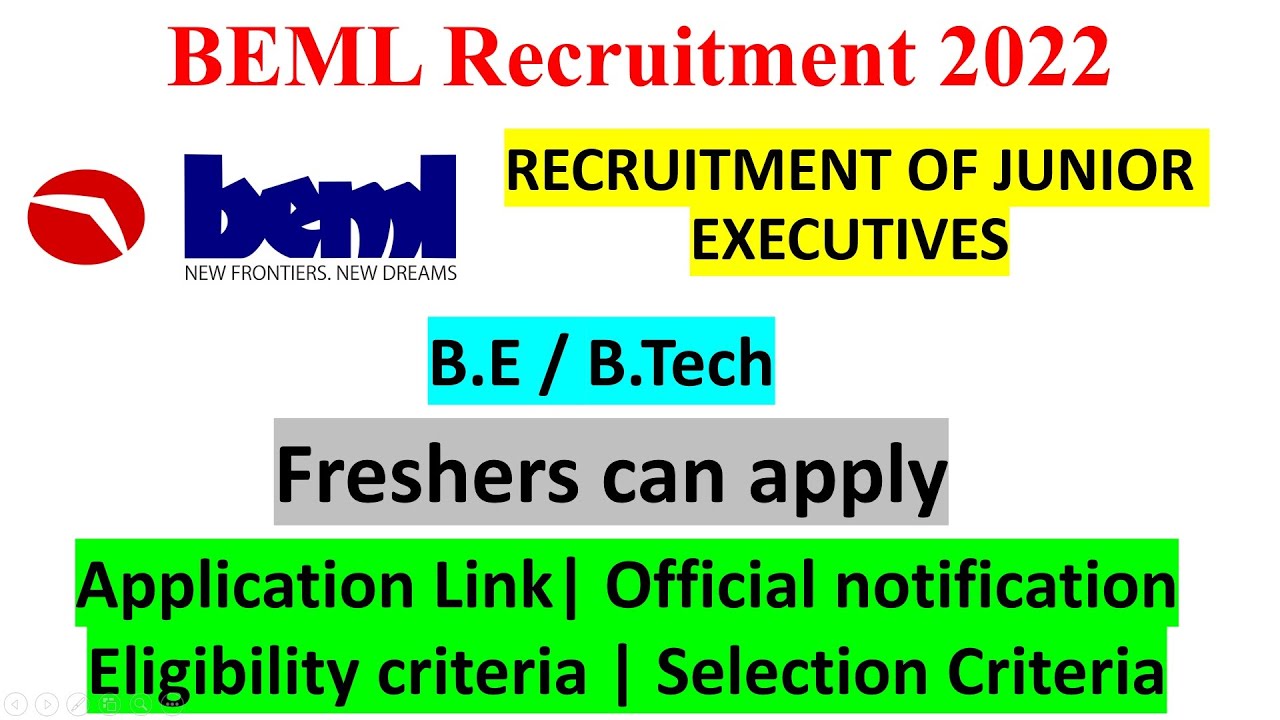 BEML Recruitment 2022 | BEML JUNIOR EXECUTIVES Recruitment 2022 | BEML Notification 2022 | Jobs