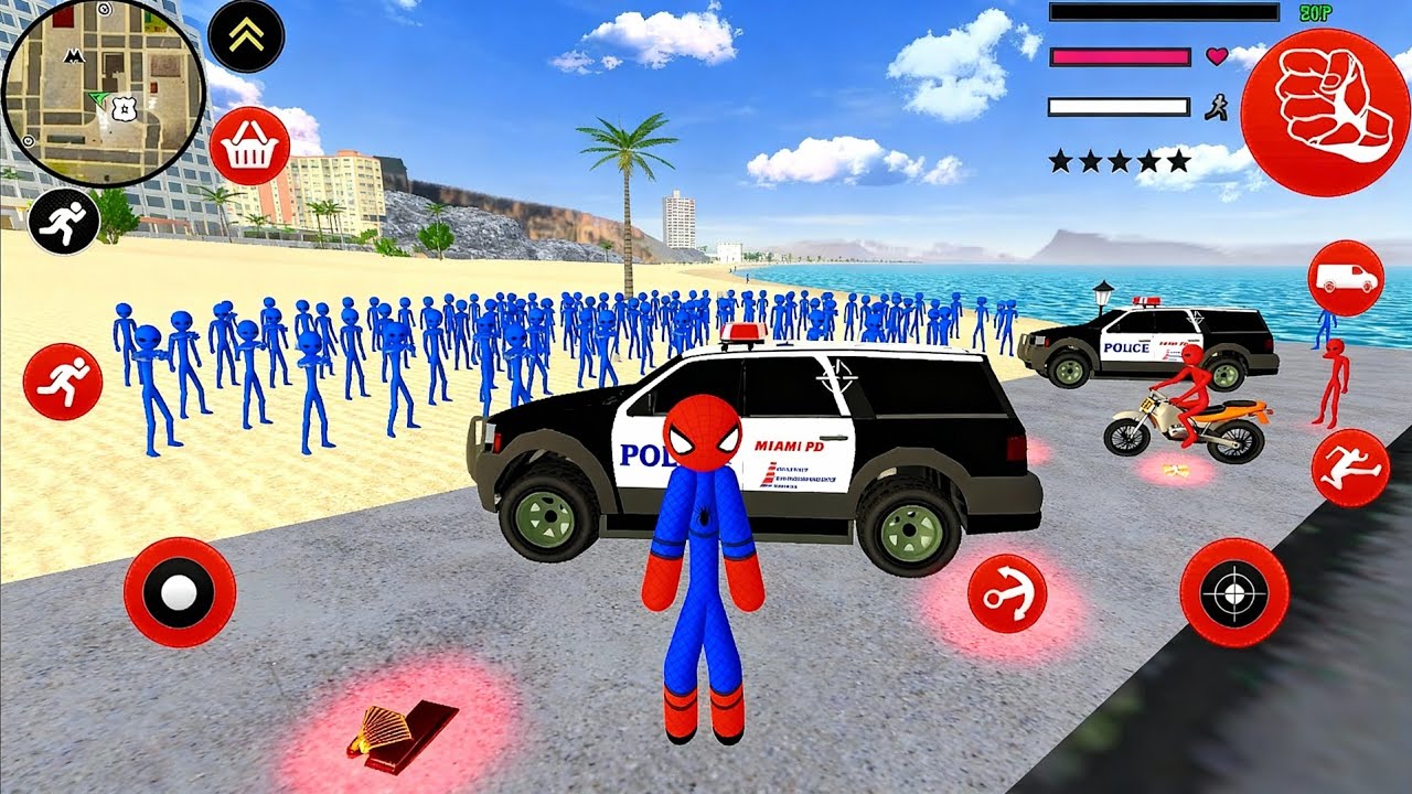 Amazing Spider-Stickman Rope Hero vs Police Cars - Monster Truck on Ocean Beach - Android Gameplay