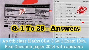💯Ap 8th class Maths Sa2 real question paper 2024|8th class CBA-3 Sa-2 maths real paper answers 2024