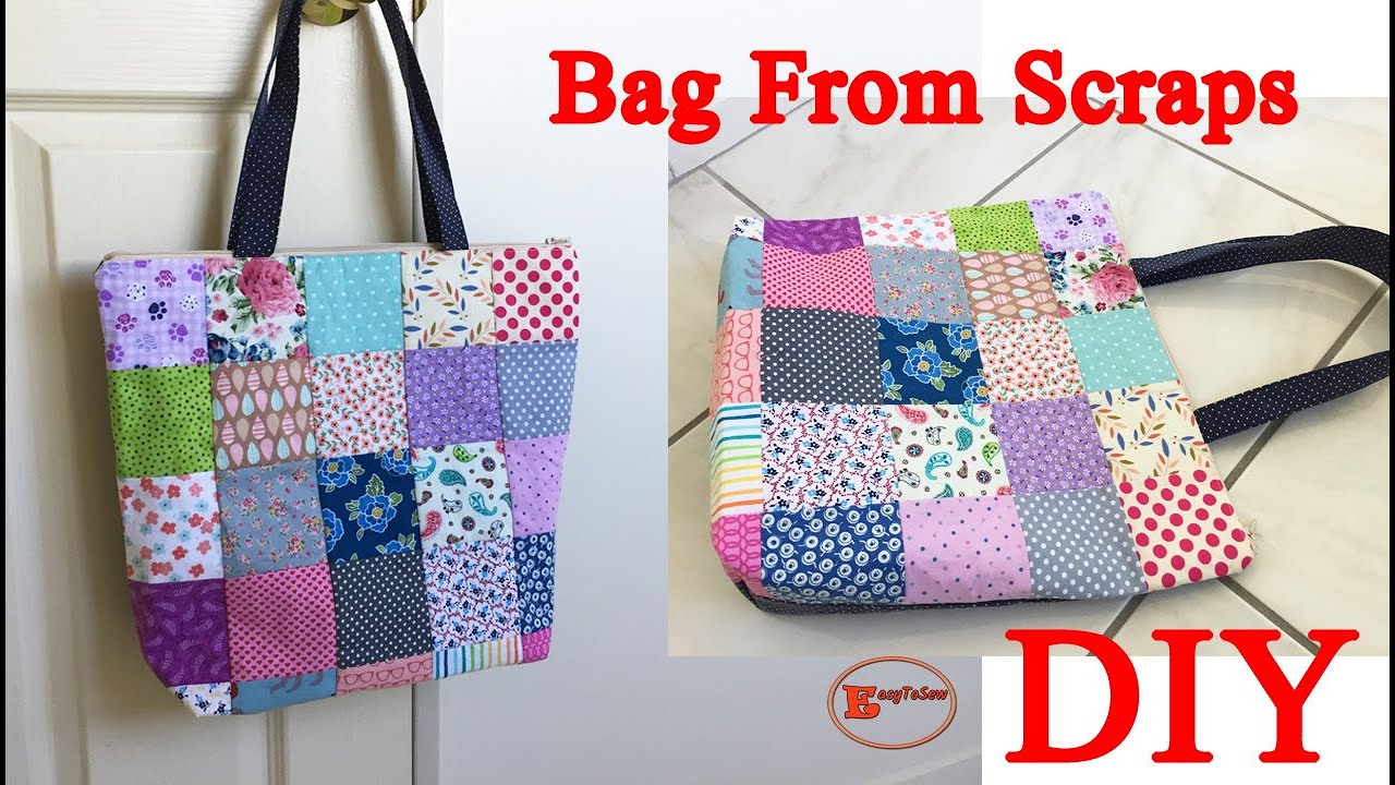 SQUARE PATCHWORK TOTE BAG | EASY BAG FROM FABRIC SCRAPS | ZIPPER TOTE ...