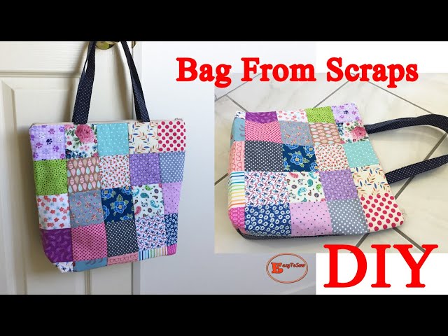 SQUARE PATCHWORK TOTE BAG, EASY BAG FROM FABRIC SCRAPS