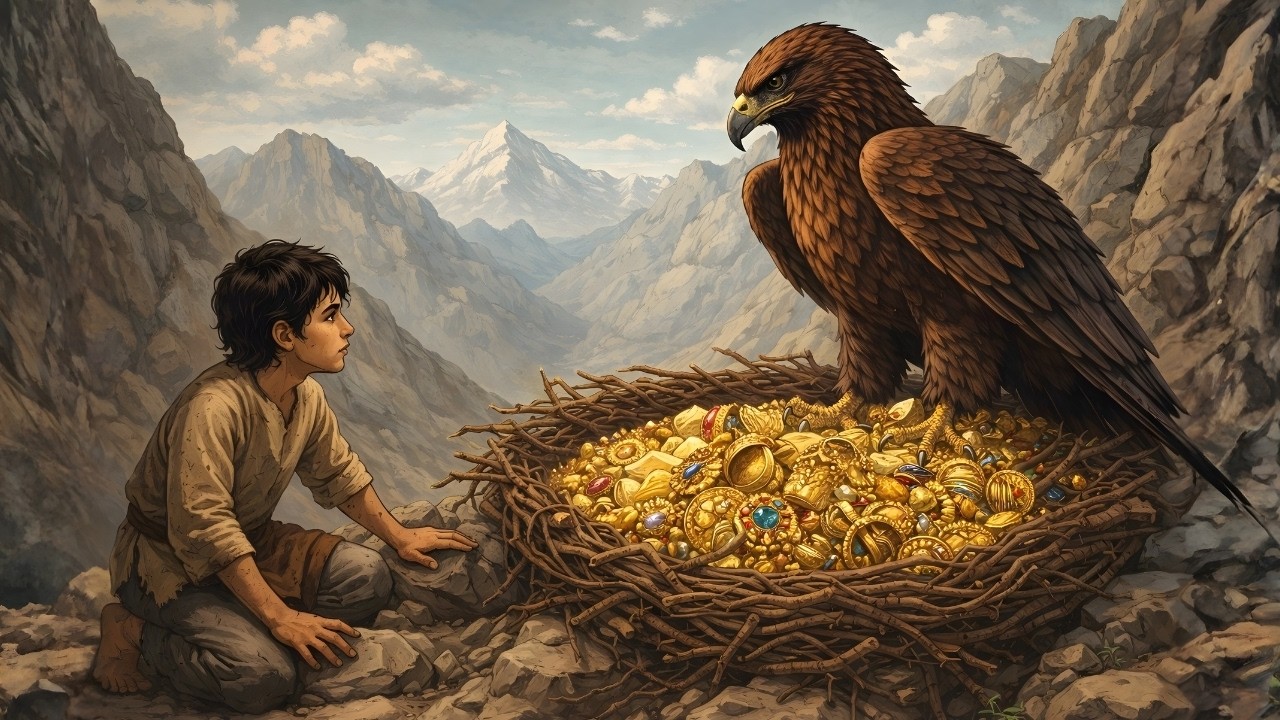 قصة الفتى الفقير ونسر الجبل الذي كان يملأ عشه بالذهب والمجوهرات
