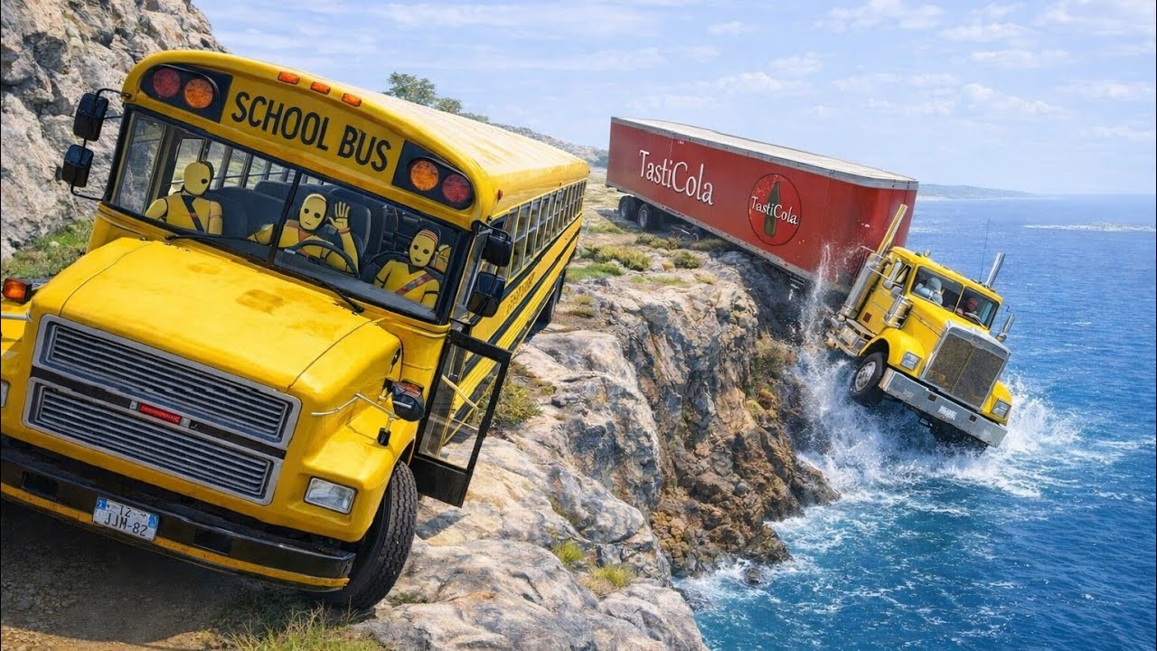 School Bus Falling Off Cliff 😨 | TastiCola Truck Disaster | BeamNG ...