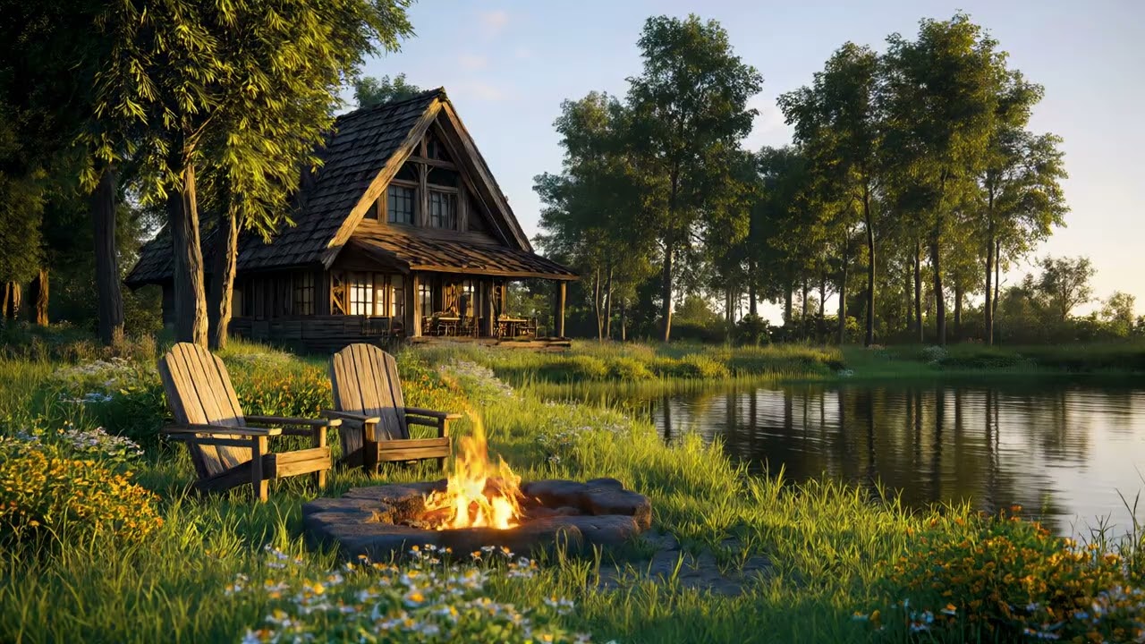 Tranquil Lake Nature Sounds 🍂 Campfire, Water, Forest Ambience 4K