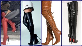 Latex leather high heels knee and thigh length boots designs for girls and women #short