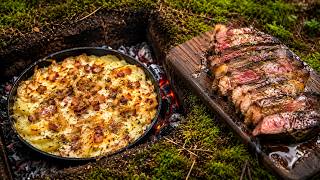 Garlic Butter Steaks and Campfire Potatoes Outdoors | Epic Wilderness Food ASMR