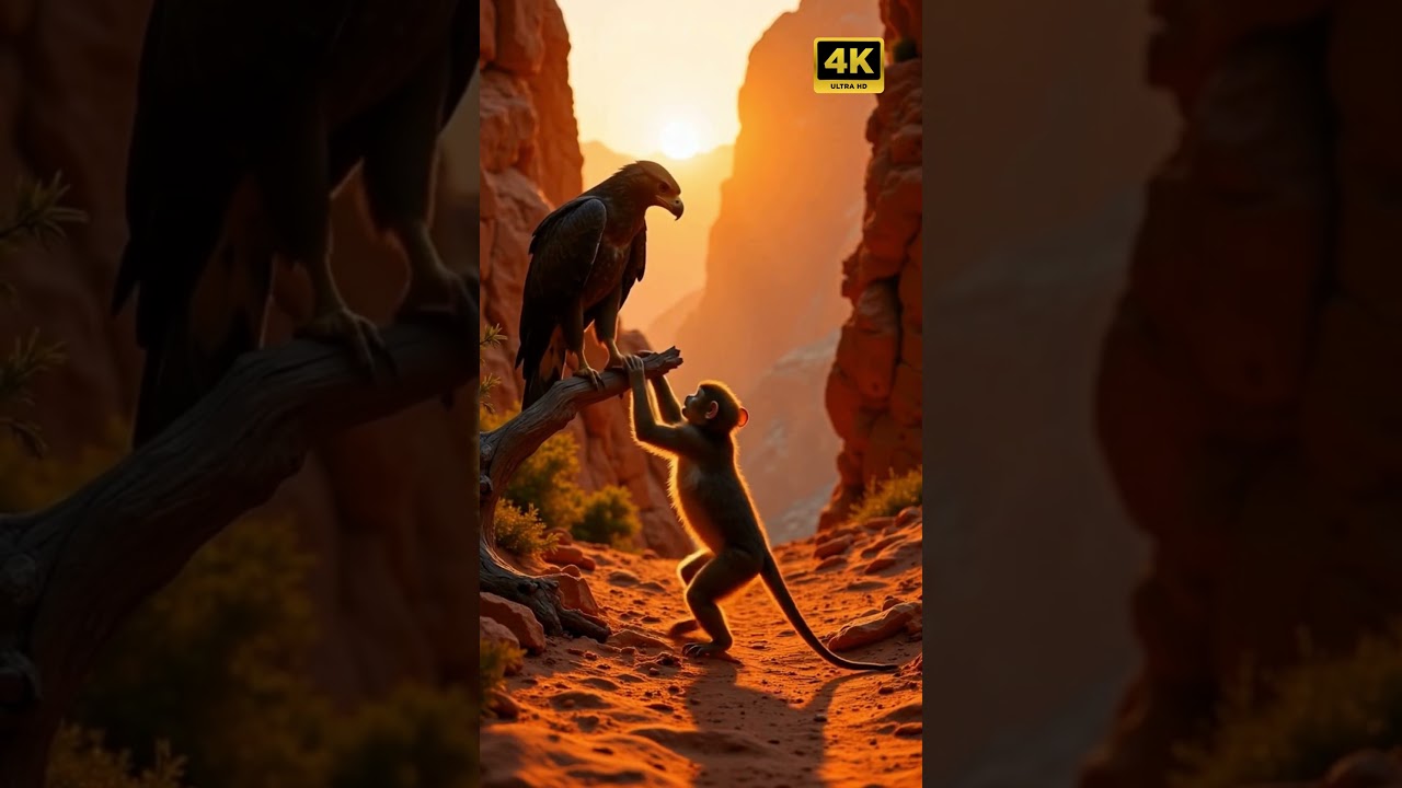 Epic Jungle Encounter: Young Monkey Meets Giant Eagle in Misty Rainforest! 