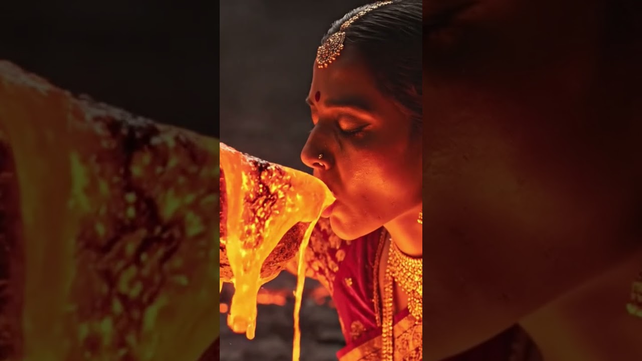 Lady eating lava directly 