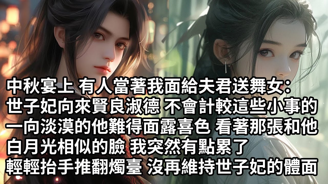 【一口氣看完】中秋宴上 有人當著我面給夫君送舞女：世子妃向來賢良淑德 不會計較這些小事的，一向淡漠的他難得面露喜色 看著那張和他白月光相似的臉 我突然有點累了，輕輕抬手推翻燭臺 沒再維持世子妃的體面