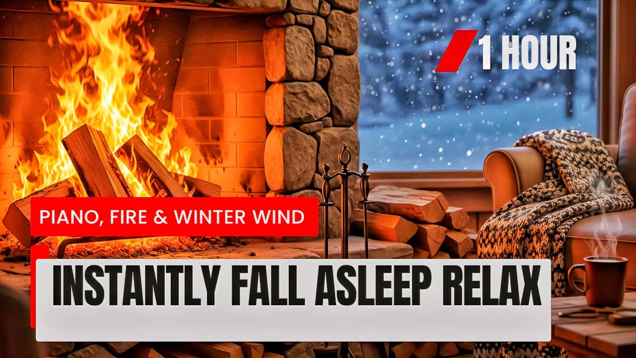 Cozy Fireplace & Soft Piano Music | Winter Wind Sounds for Deep Sleep ❄️🔥🎹