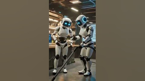 motion2Fast Two futuristic humanoid robots working together in 0