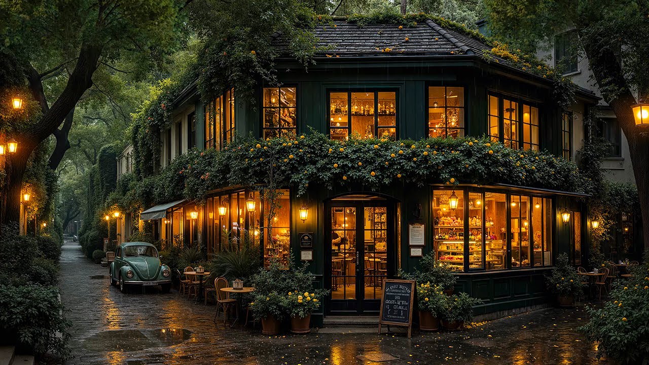 Classic European Cafe in the Rain ☕ Warm Lights with Smooth Jazz for Focus & Calm