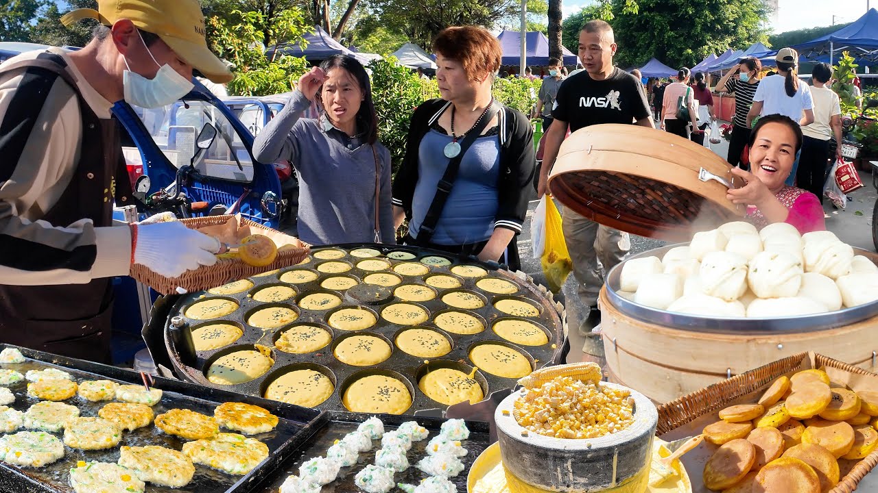 廣東早市裏的街頭小吃，黃金玉米餅大受歡迎，絕味順德魚餅，鮮嫩Q彈的福鼎肉片，拒絕預製的美味1元手工大包子，經典傳統簸箕腸粉，無法抗拒的美食誘惑！