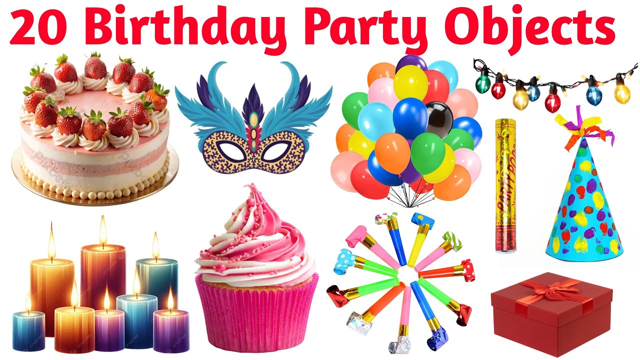 20 Birthday Party Objects Name | Birthday Party Objects in English and Hindi | Kids Learning Video