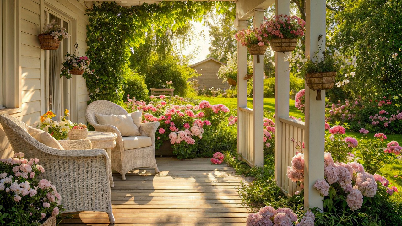 Peaceful Garden Porch Ambience 🌸 Sunlit Cottage Veranda, Flowers & Calm Outdoor Atmosphere