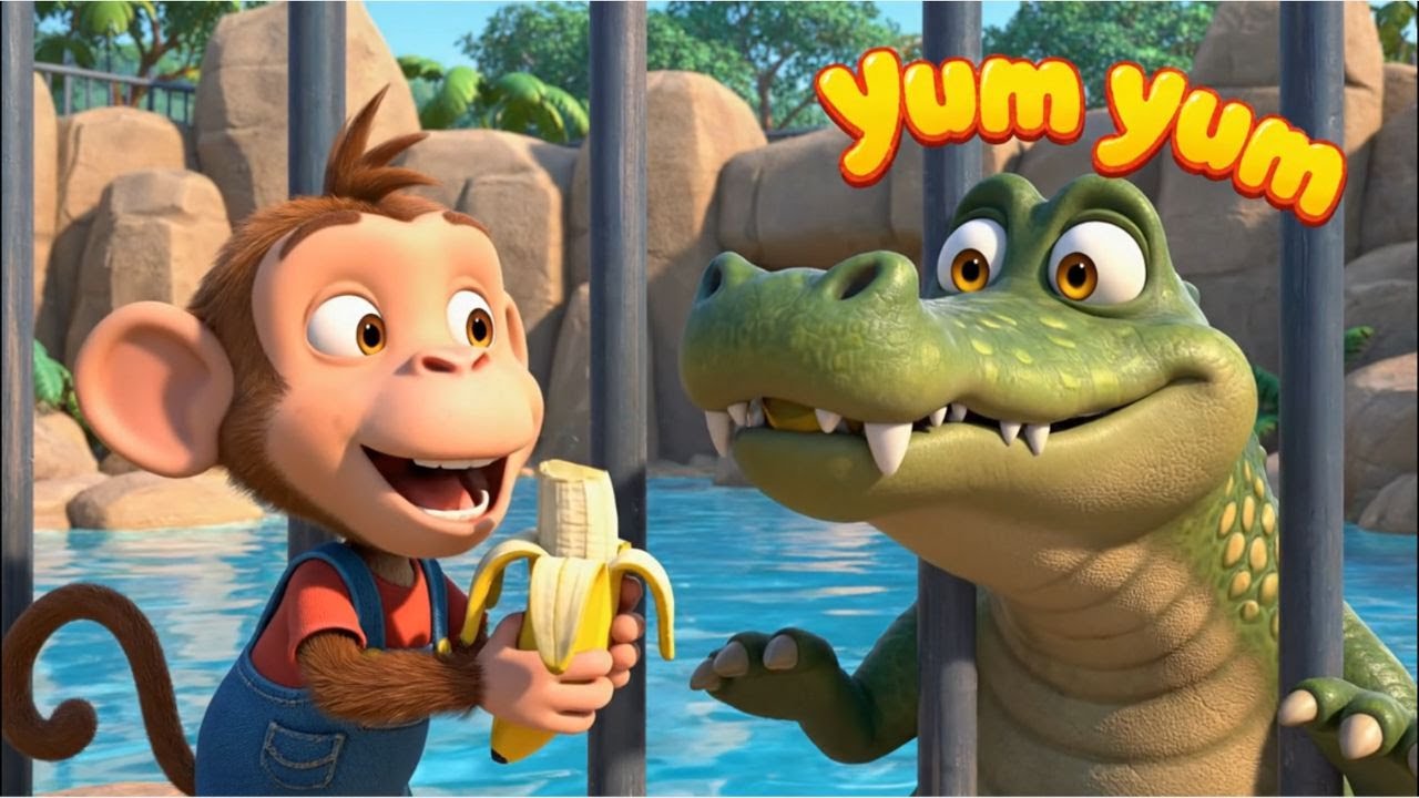 Funny Monkey Protects His Banana Farm and Makes Friends with a Big Crocodile