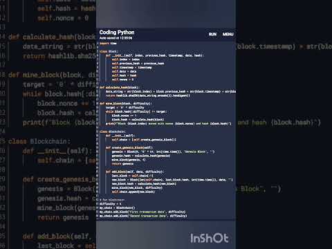 Blockchain running with 3 blocks in Python. #python #programming #coding #pyp#programmer #blockchain