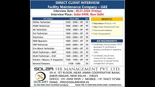 UAE Direct Client Interview | Facility Maintenance Jobs | Solar HRM New Delhi | 30 Jan 2026