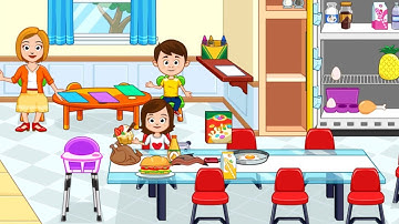 My Town - Play Doll Home Game playing in the kitchen having dinner