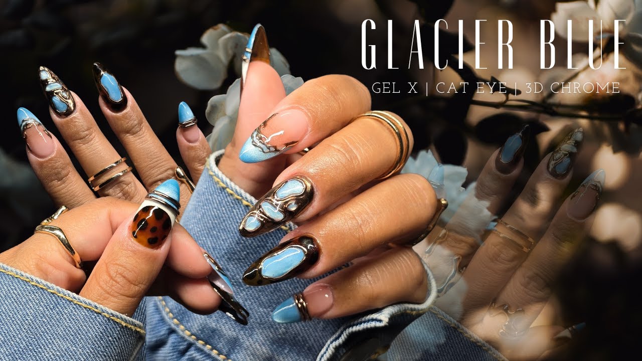 Gorgeous Gel x Design ‼️ Glacier Blue & Gold 💙 gel x | 3d chrome | cat eye design