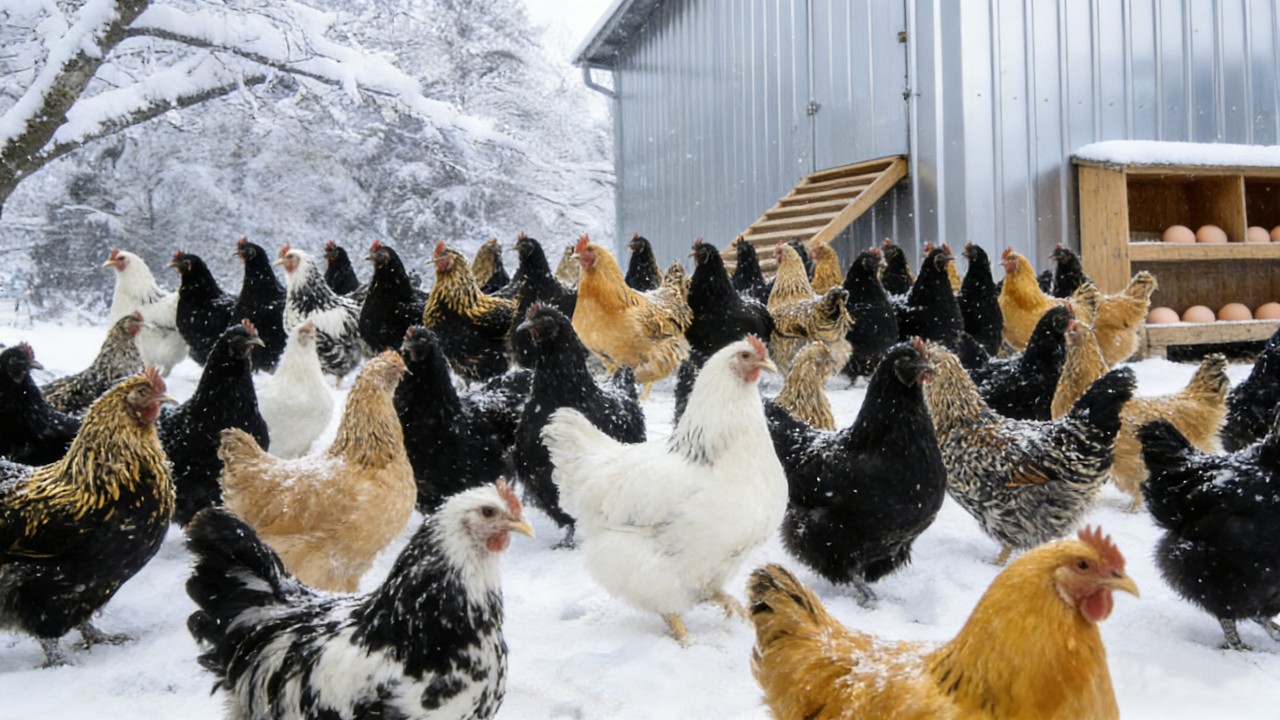 Sweep the chicken coop for 50 chickens on a snowy morning