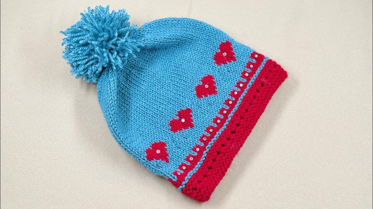 Hand Knitted topi cap hat for one to two years (1-2)old baby girls detail tutorial for beginners 