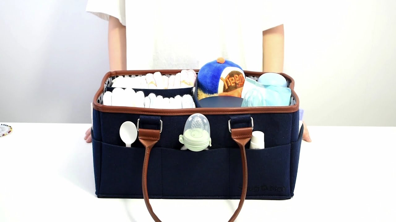 Diaper Caddy | Portable Diaper Organizer Bag | Navy Blue with Brown Handles | Large