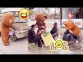 Funny brown bear handing out leaflets  funny troll  funny pranks 2021 douyin tik tok