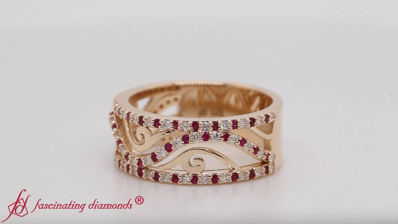 Ruby Filigree Wide Diamond Wedding Band In 14K Yellow Gold-FD121691B