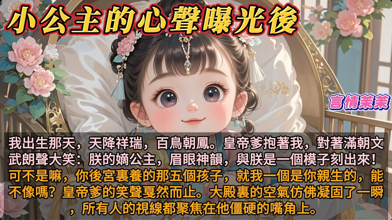 《小公主的心聲曝光後》我出生那天，天降祥瑞，百鳥朝鳳。皇帝爹抱著我，對著滿朝文武朗聲大笑：朕的嫡公主，眉眼神韻，與朕是一個模子刻出來！可不是嘛，你後宮裏養的那五個孩子，就我一個是你親生的，能不像嗎？