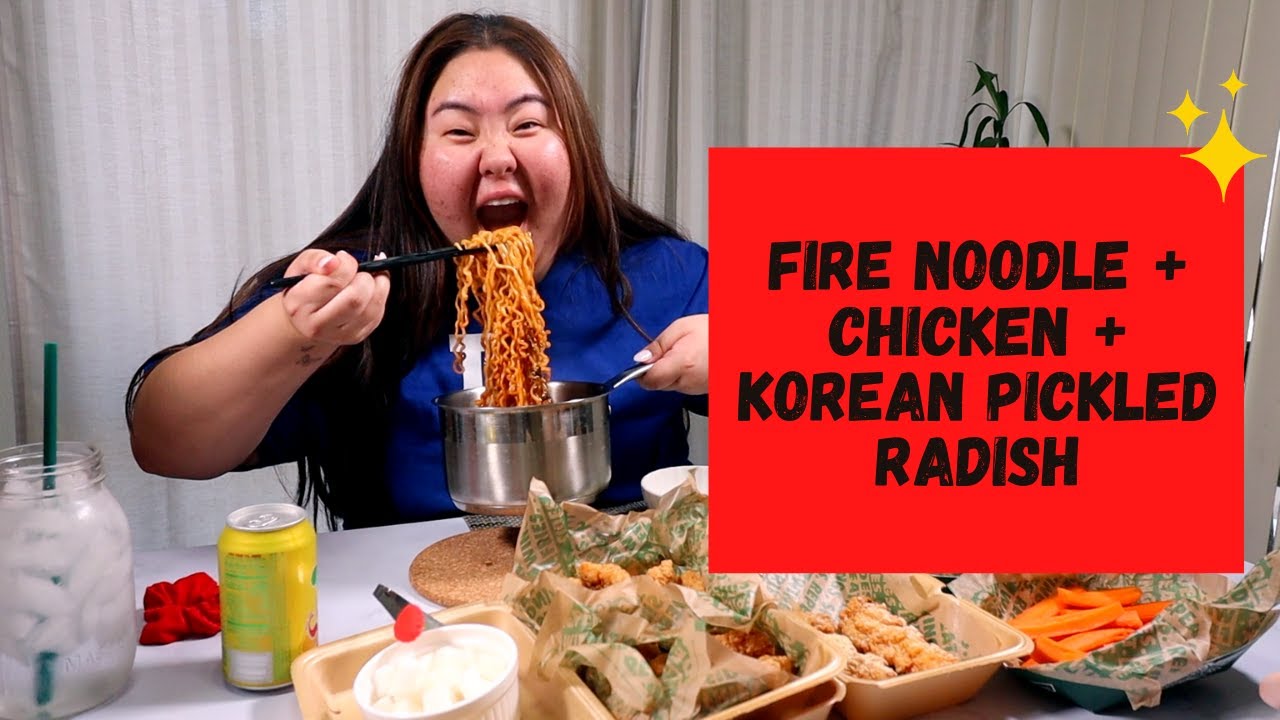 FIRE NOODLES + WING STOP BONELESS CHICKEN + MOM’S KOREAN PICKLED RADISH MUKBANG | Michelle Choi