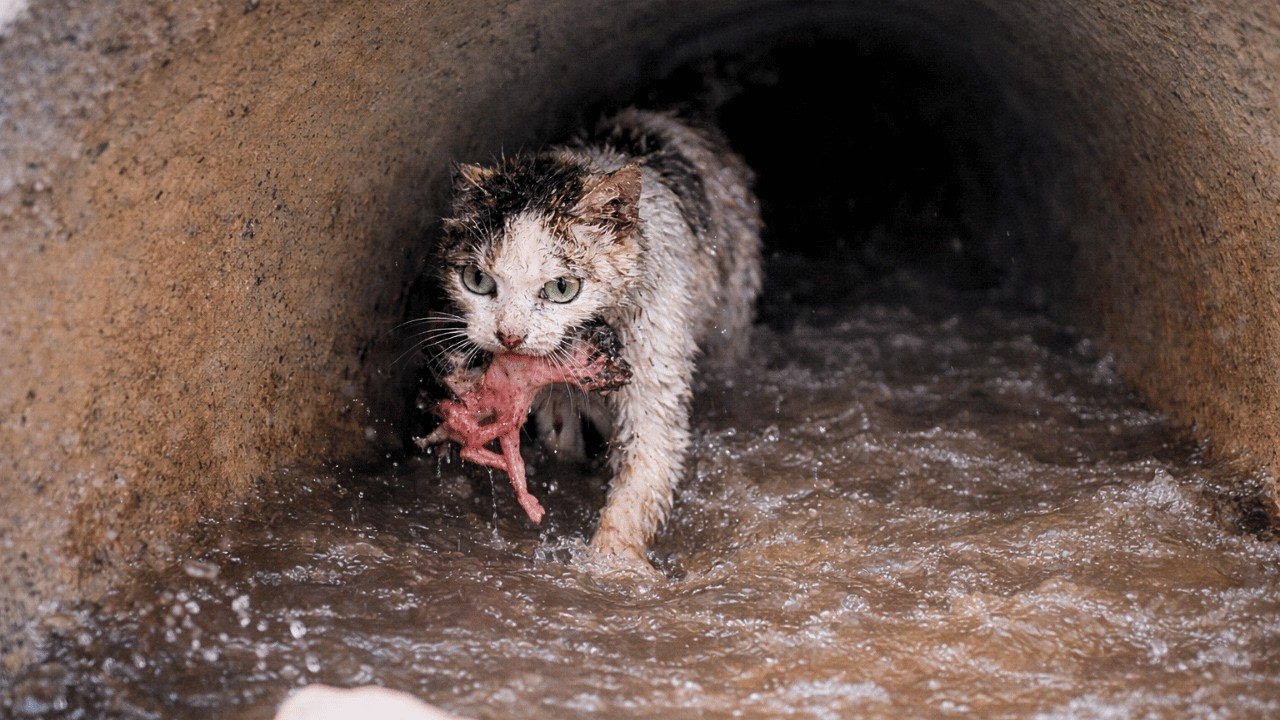 Героическая кошка-мать рисковала жизнью, спасая котят из затопленной трубы