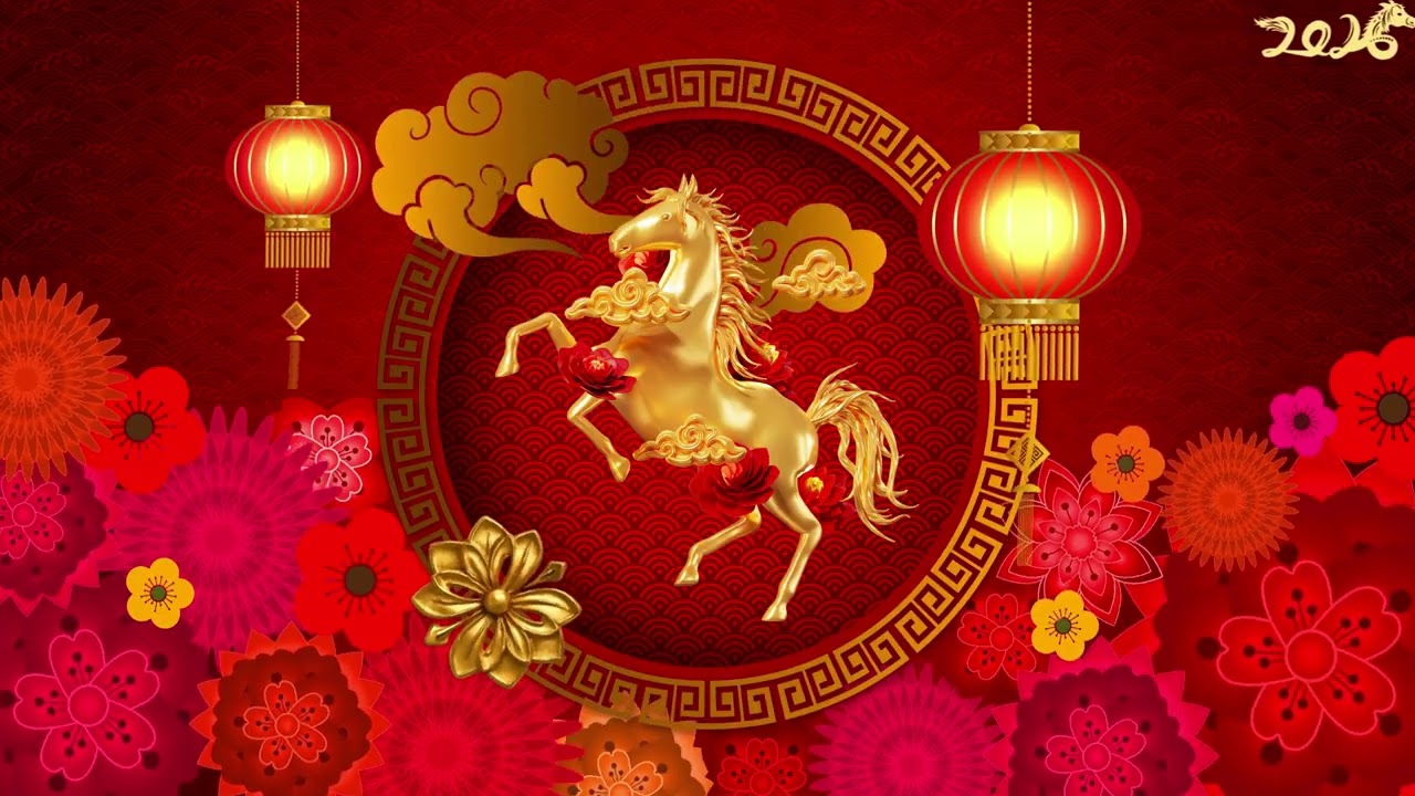 Chinese New Year 2026 Golden Horse Backdrop | Festive Red Lantern Background