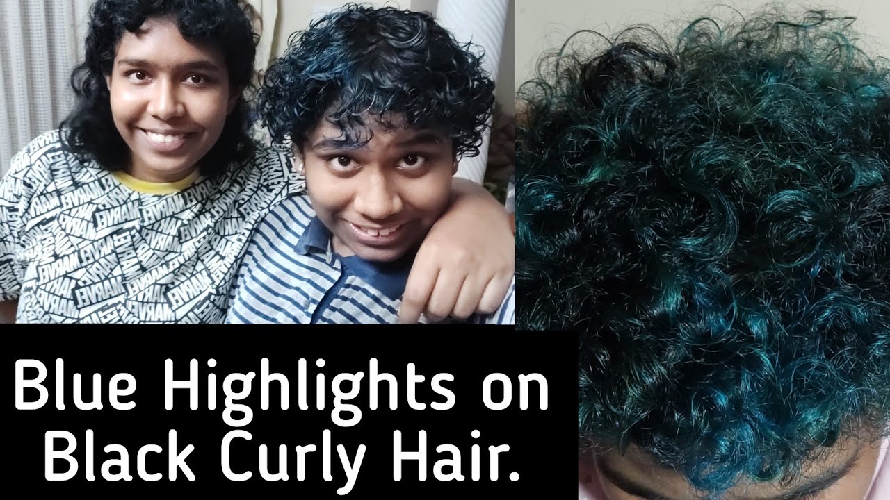 BLUE Highlights in Black Short Curly Hair at Home | minjaokunsi. - YouTube