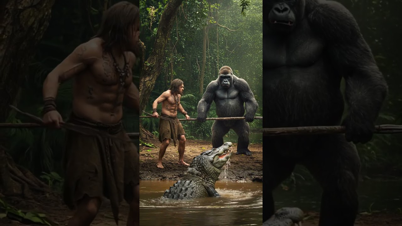 Primal Standoff: Gorilla & Warrior vs Giant Crocodile 🐊🔥 