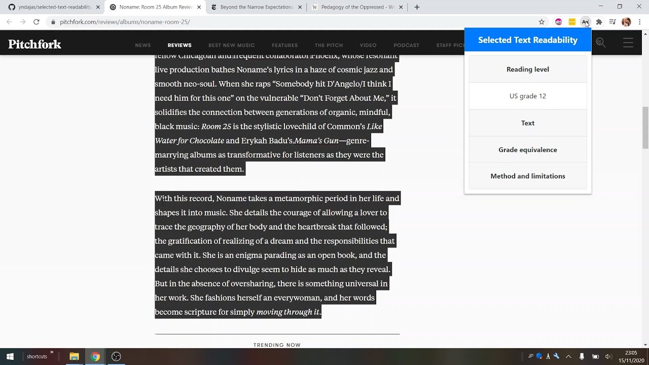 Selected Text Readability