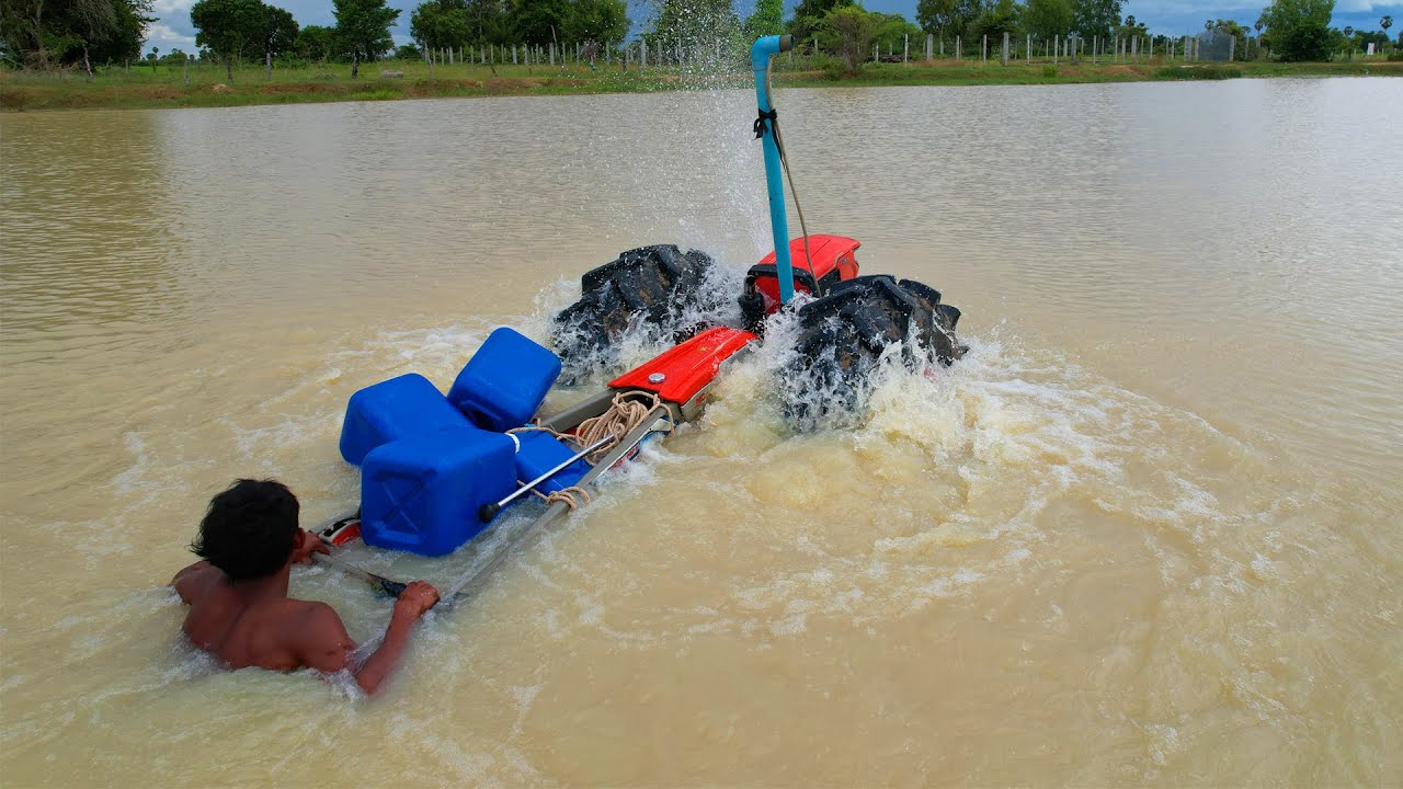 Driver Tractor Kubota Put The Bike Diver On The River Deep,Tractor Khmer Farmer