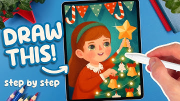 PROCREATE Tutorial - Draw a Cute Girl with a Christmas Tree 🎄✨ (FREE Sketch & Brushes)