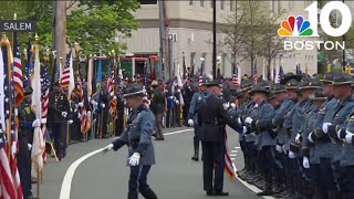Crowds of law enforcement gathering in Salem for Trooper Kevin Trainor's funeral
