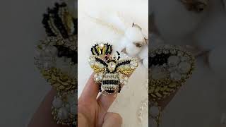 Handmade beaded brooches set honey bee with crown