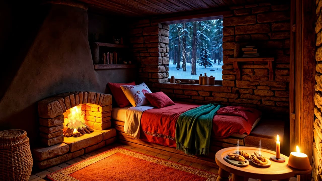 Curved Stone Fireplace Cabin Bed | Gentle Forest Rain at Night for Deep Restful Sleep