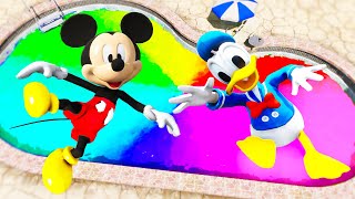 GTA 5 Mickey Mouse \& Donald Duck Jumping Into Rainbow Pool (Euphoria Physics\/Ragdolls)