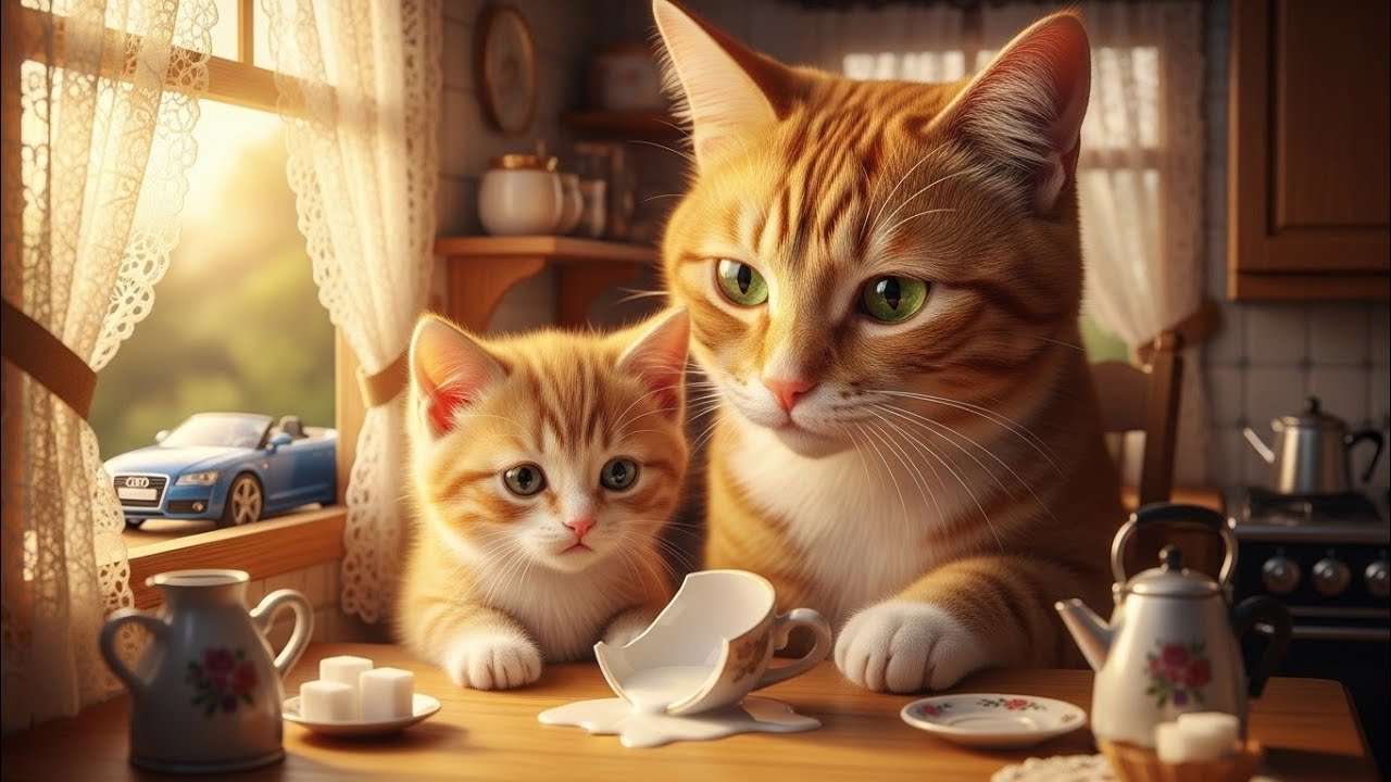 Kitten Breaks Her Cup, Mama Cat Makes It Whole Again cat ai video 