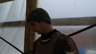 Работа на фасаде в зимнее время, тепляки из армированной плёнки с тепловыми газовыми пушками