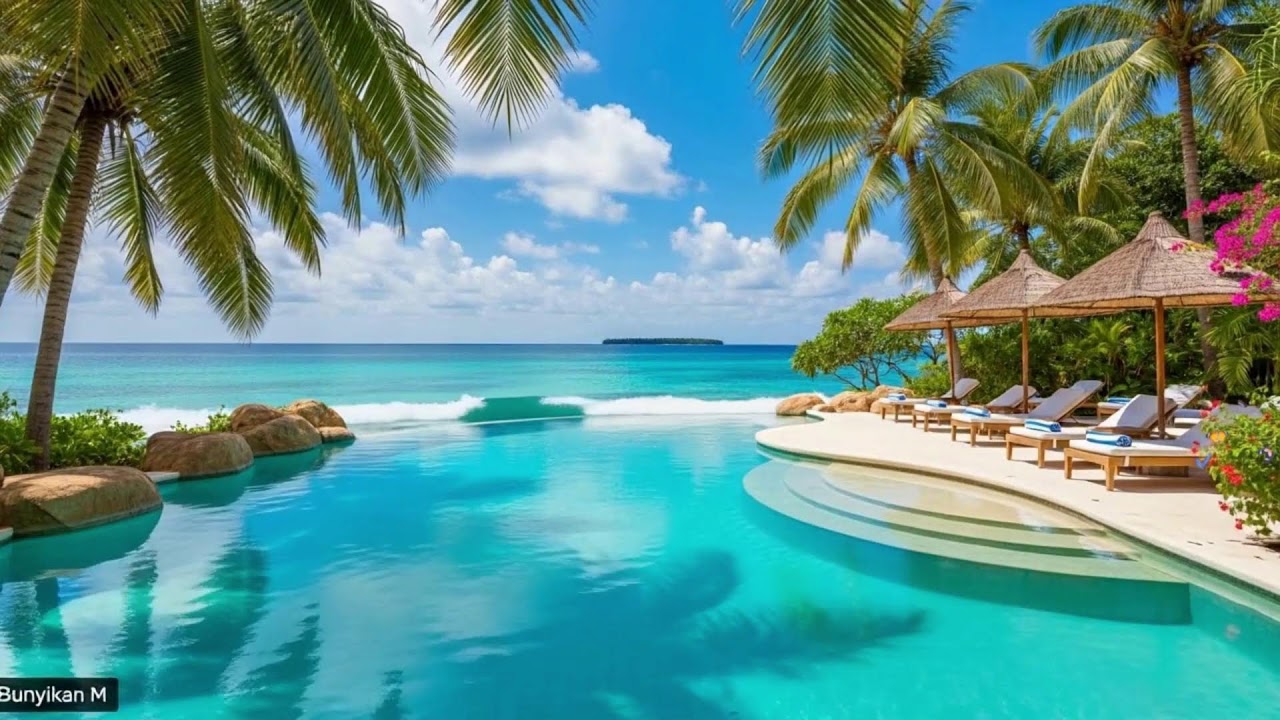 Tropical Seaside Morning with Cheerful Bossa Nova Jazz & Ocean Waves Sound in Summer for Upbeat Mood