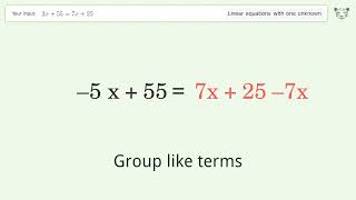 Solve 2x+55=7x+25: Linear Equation Video Solution | Tiger Algebra