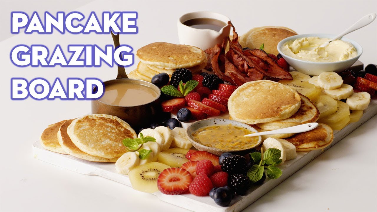 Pancake grazing board with caramilk sauce and golden syrup butter