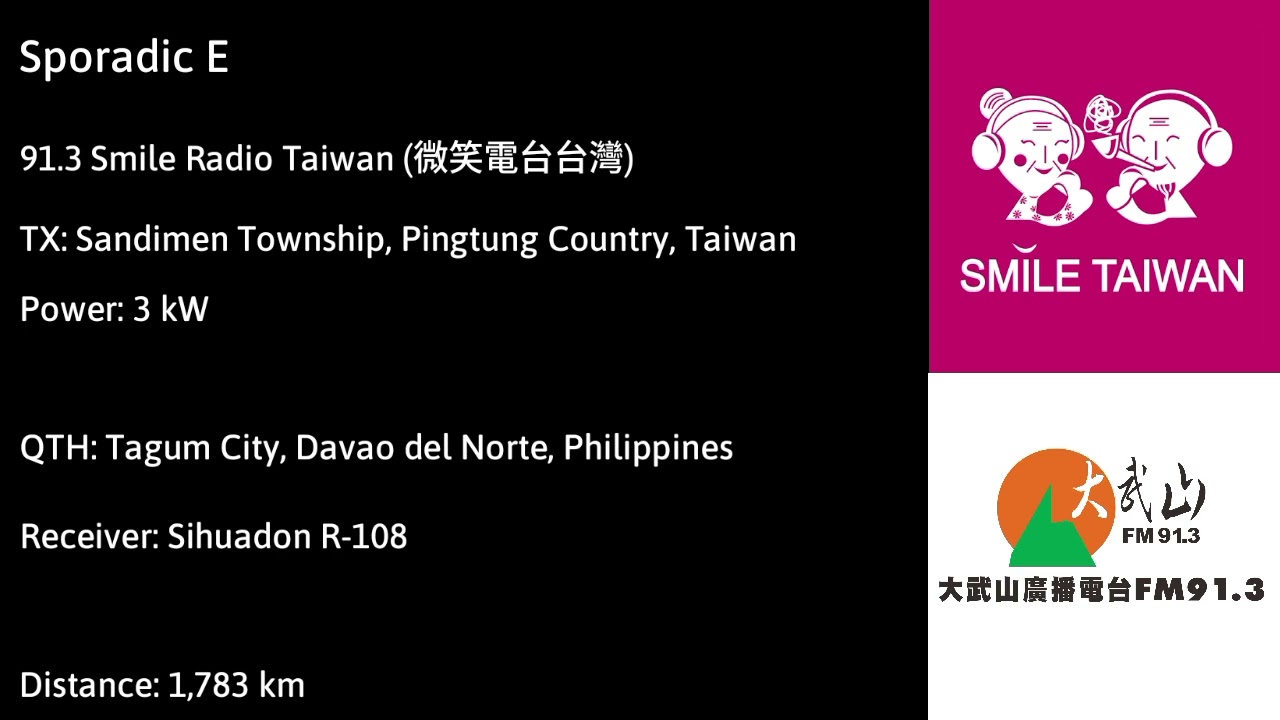 (Sporadic E) 91.3 Smile Taiwan Radio (微笑台灣廣播) Pingtung County, Taiwan 